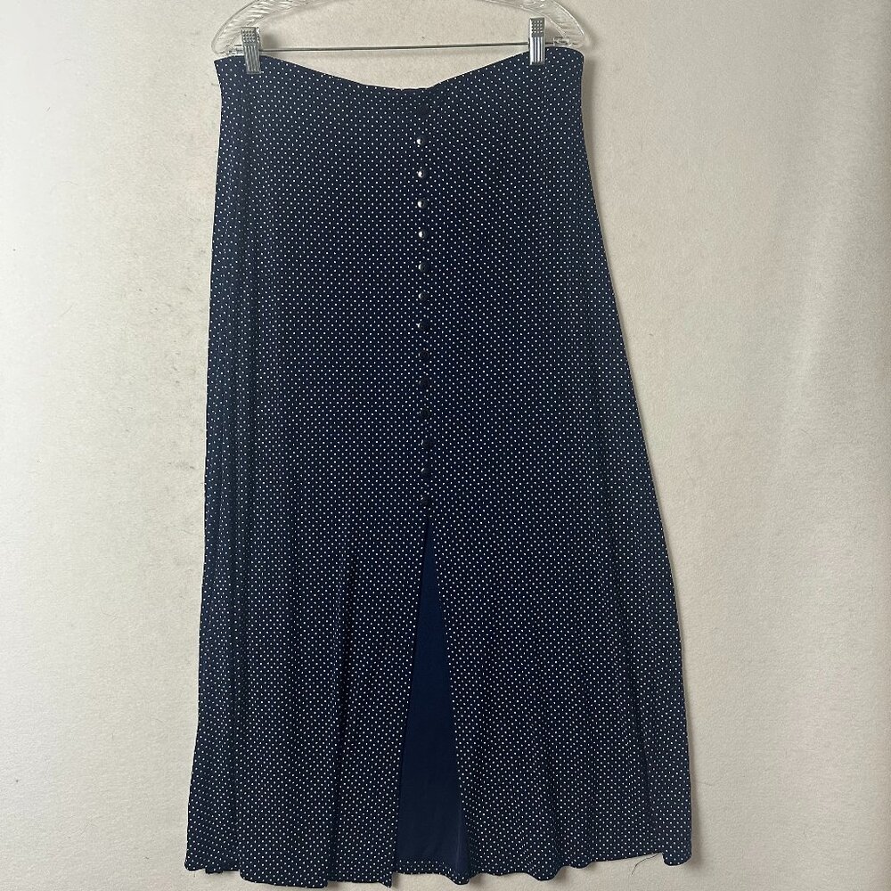 Vtg Dress Barn skirt sz 3X blue white polka dot front slit pull on pin up button